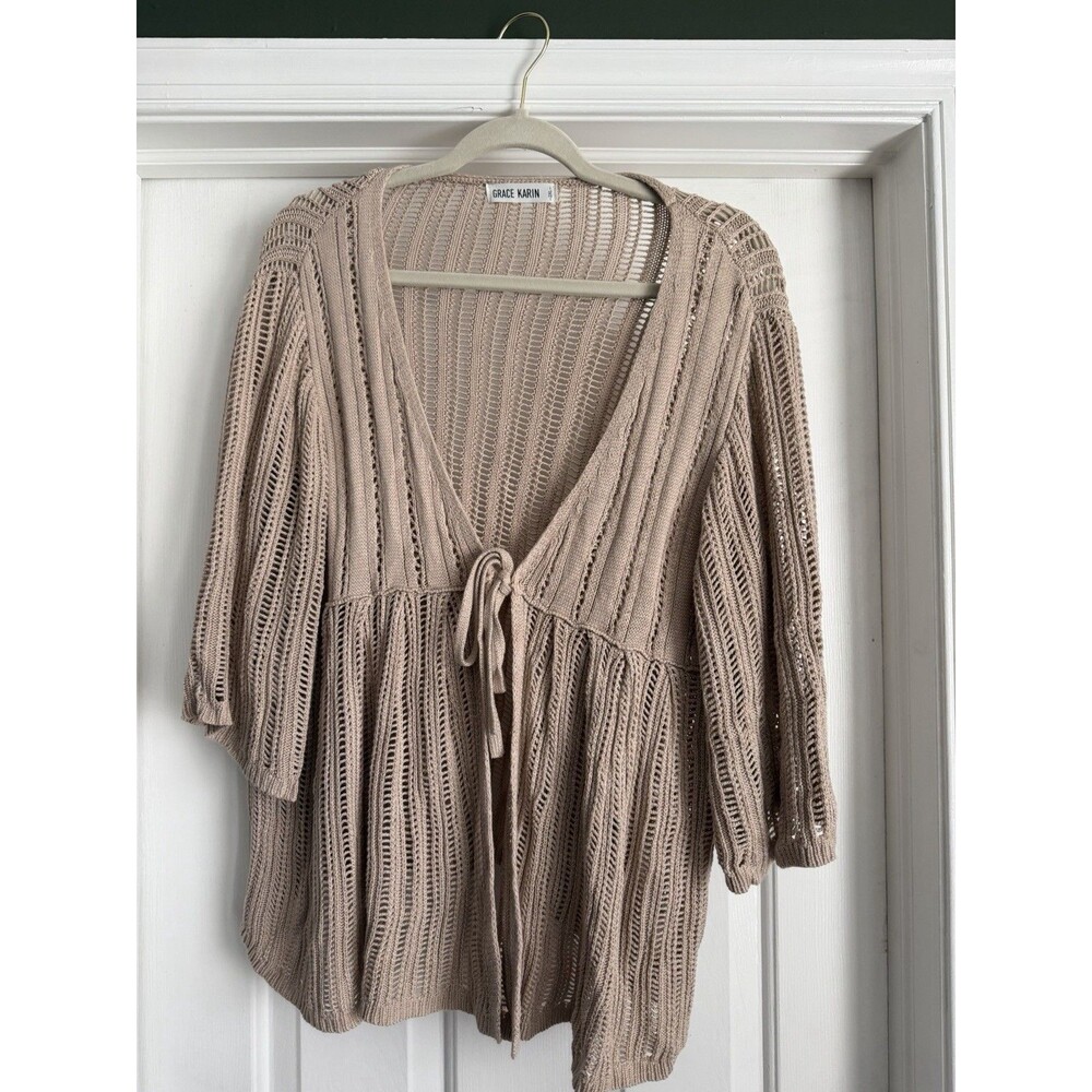 Grace Karin 2XL Taupe Open Knit Tie Front Boho Cardigan
